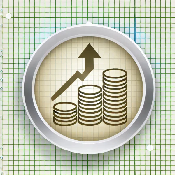 Icon depicting a stack of coins with an upward arrow, symbolizing financial growth and empowerment.