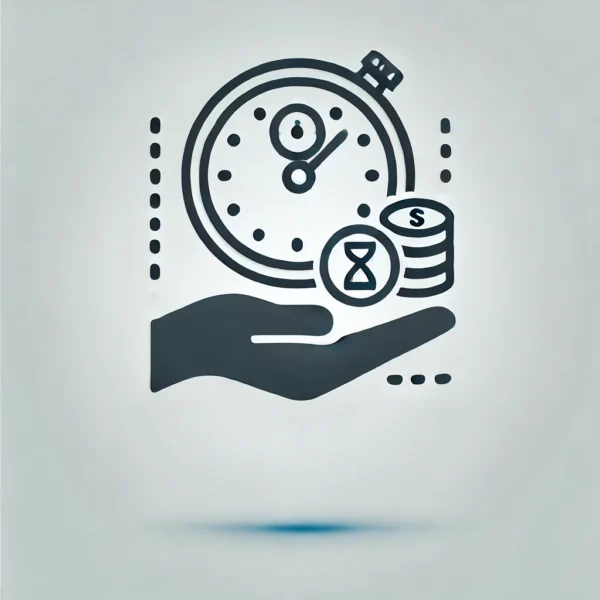 Icon representing one-on-one financial coaching session with a clock and supportive hand symbol.