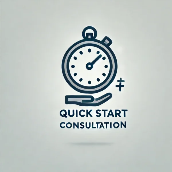 Icon symbolizing a 15-minute Quick Start Consultation with a clock and guidance elements.