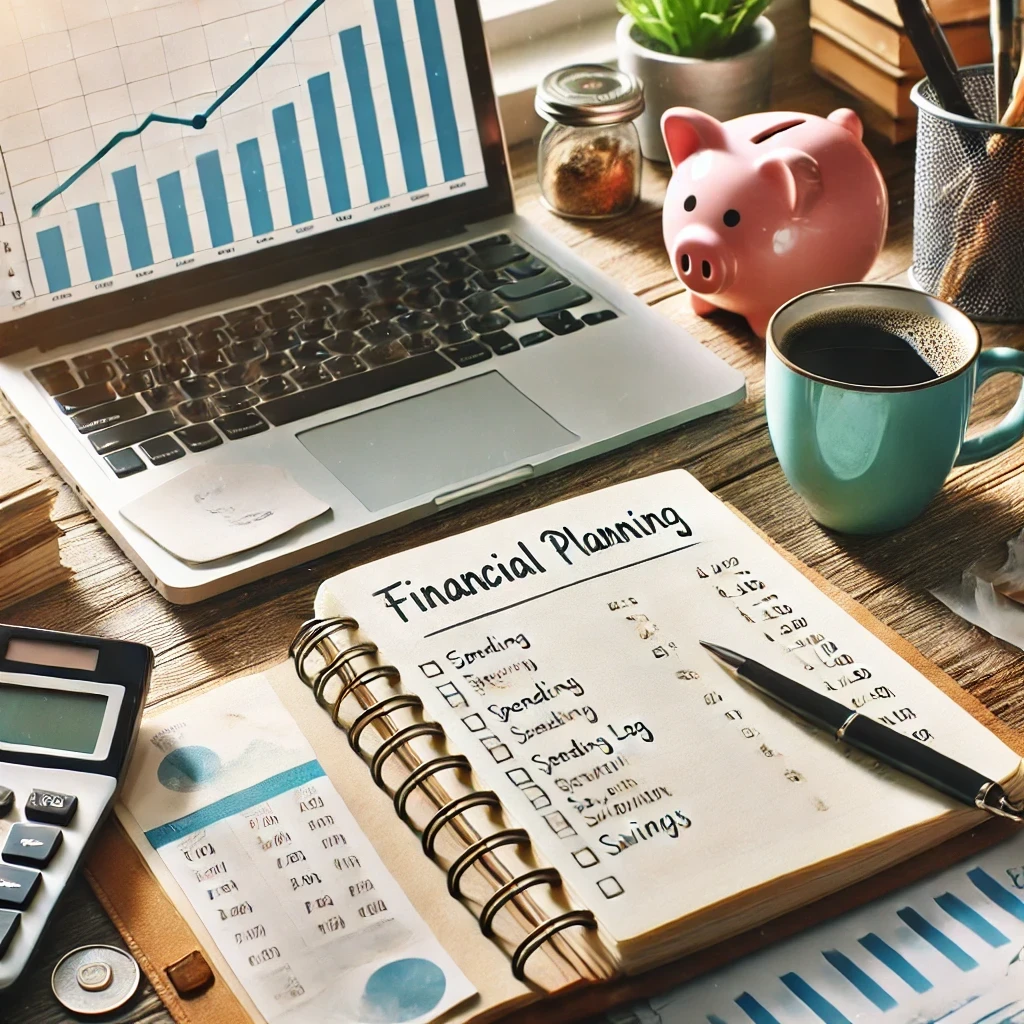 A clean and bright workspace featuring a notebook, calculator, and coffee cup, with a laptop in the background displaying a savings growth chart. A visual representation of financial planning and awareness.