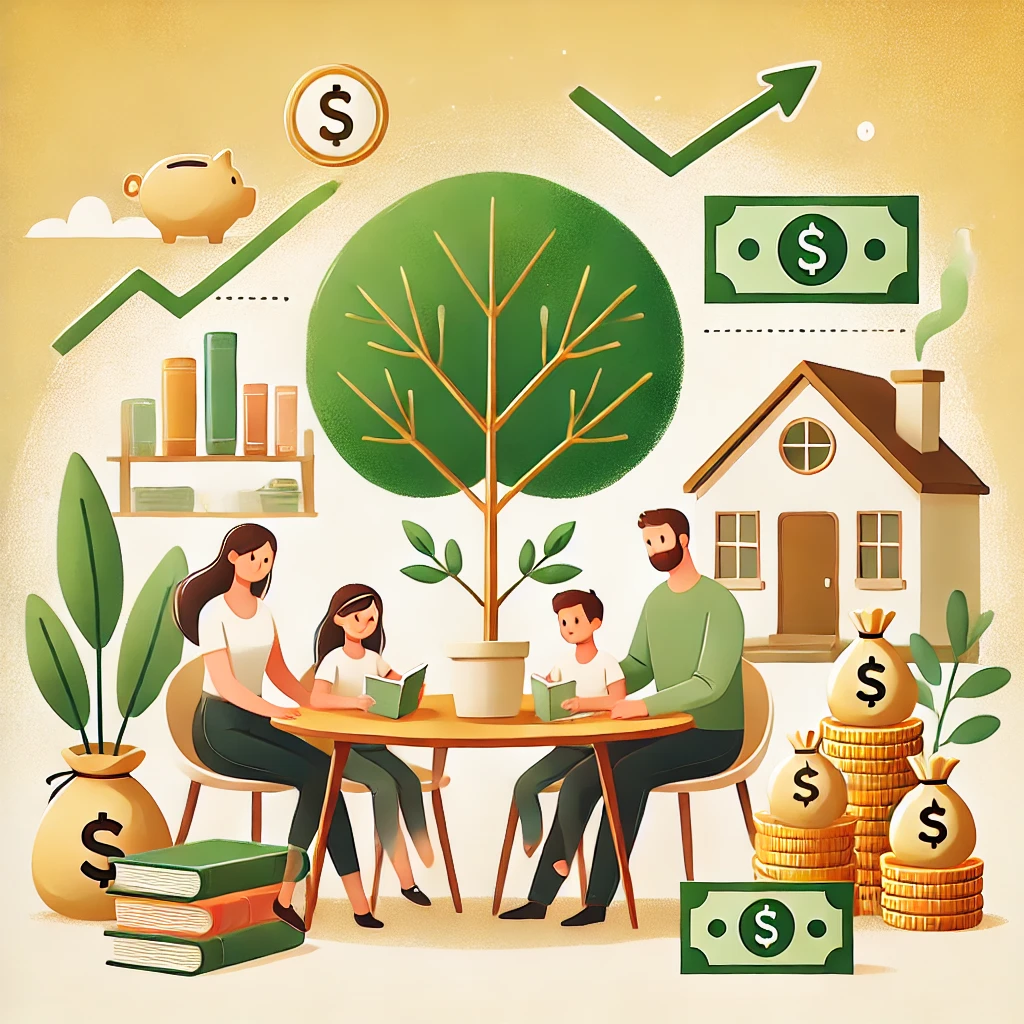 A warm and inviting illustration of a family at a dining table surrounded by symbols of passive income, including a money tree, stacks of books, and a small rental property in the background, representing financial growth and planning.