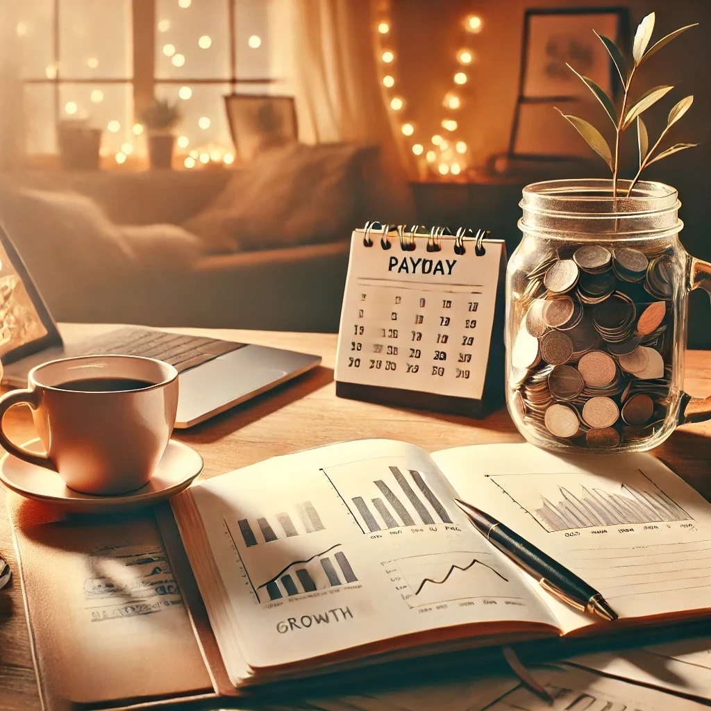 A warm and inviting desk setup for financial planning, featuring an open notebook with financial graphs, a coffee cup, and a jar labeled 'Savings,' set against a cozy background with soft lighting.