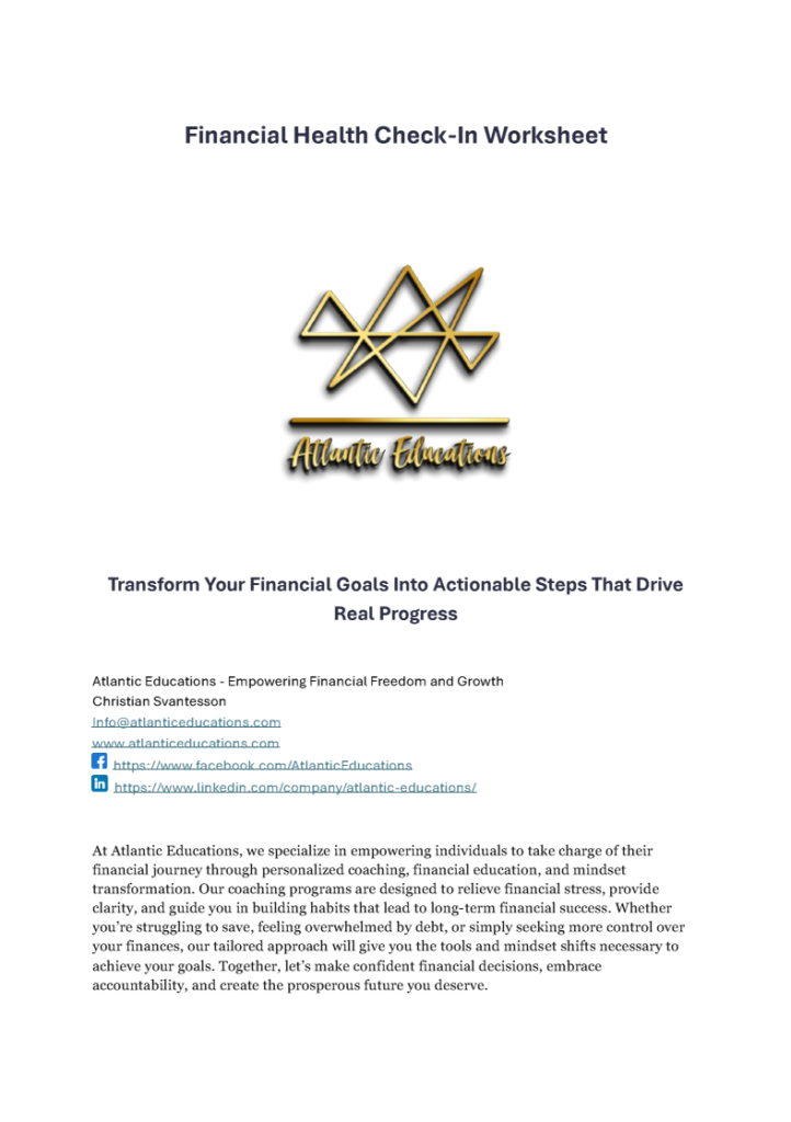 Front page of the Financial Health Check-In Worksheet, featuring the Atlantic Educations logo, title text, and a brief description of the company's mission and contact information.