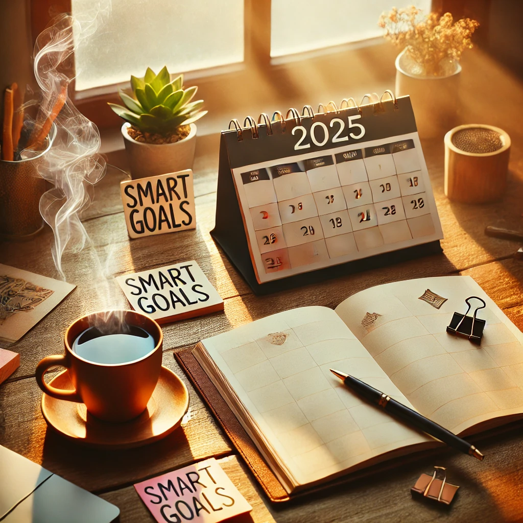 A cozy desk setup with a calendar marked "2025," a notebook labeled "SMART Goals," a steaming cup of coffee, and soft natural light creating a warm and inviting atmosphere for financial planning