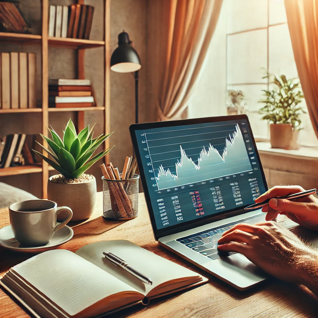 A person working comfortably on a laptop at home, with a notebook and a cup of coffee on the desk, surrounded by a bookshelf and indoor plants, symbolizing a calm and productive environment.