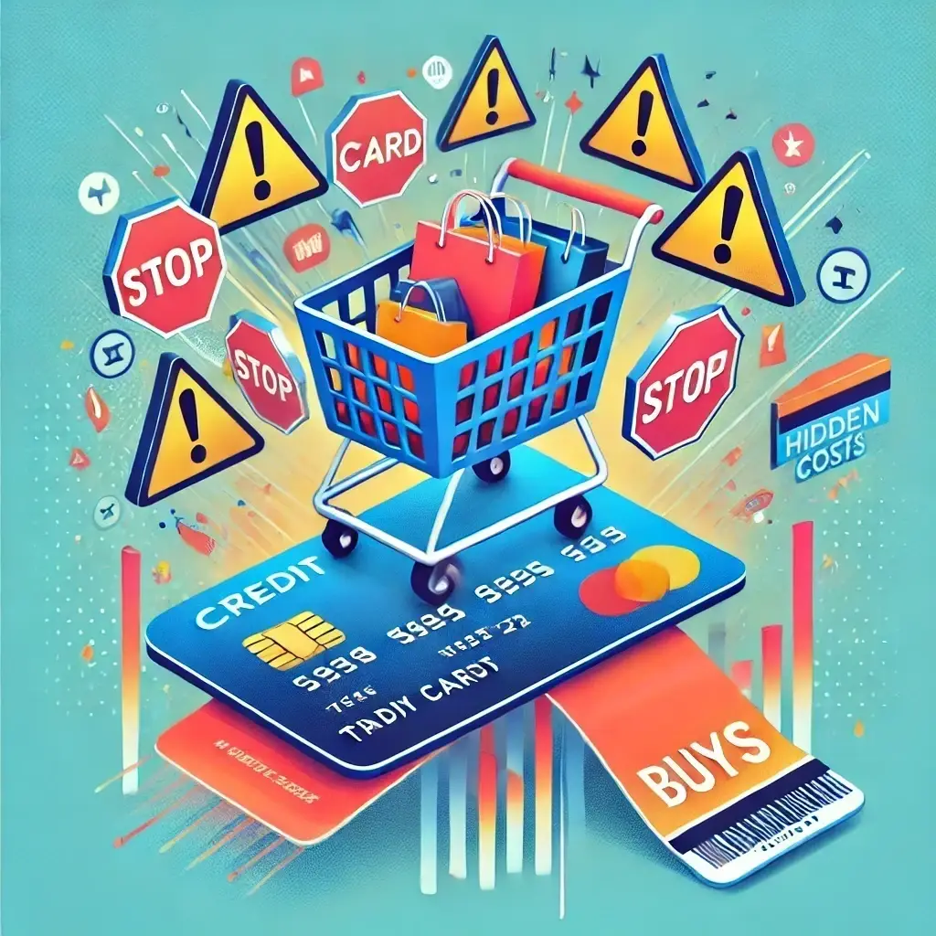 An illustration showing common spending traps: a shopping cart representing impulse buys, a credit card with a clear 'STOP' warning, and subscription icons symbolizing hidden costs.