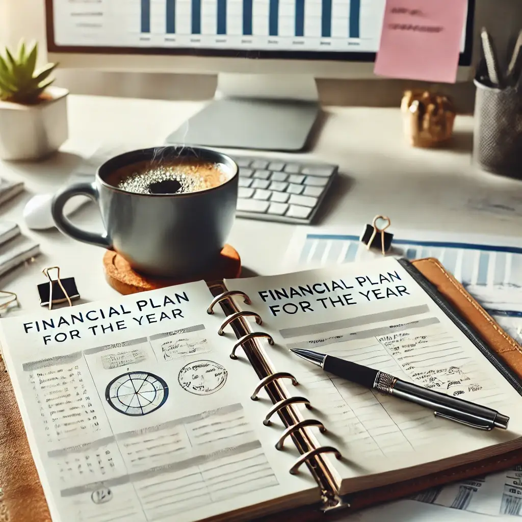 An organized desk setup featuring an open planner labeled 'Financial Plan for the Year,' a pen, a cup of coffee, and a budgeting spreadsheet on a computer screen, emphasizing productivity and goal setting.